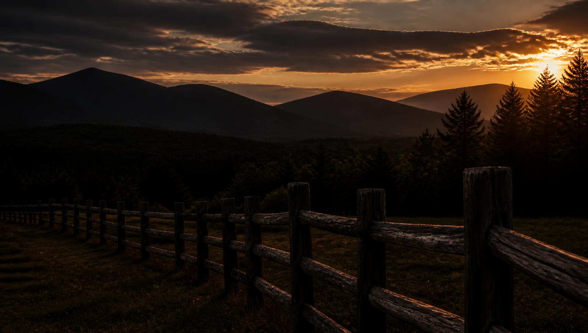 Split rail fence along a New England mountain ridge at dusk